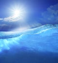 Under clear sea blue water with sun shining on sky above use for Royalty Free Stock Photo