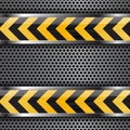 Under construction background. Black yellow stripes on metal perforated texture Royalty Free Stock Photo