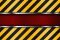 Under construction background. Black yellow stripes on red metal perforated texture Royalty Free Stock Photo