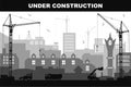 `Under construction` concept at building site in the city with detailed silhouettes of construction machines Royalty Free Stock Photo