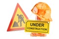 Under construction concept. Traffic cones, hardhat and road sign Royalty Free Stock Photo