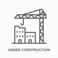 Under construction flat line icon. Vector outline illustration of tower crane and building. Black thin linear pictogram Royalty Free Stock Photo