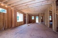 Under construction, framing of wood supports beam in a new unfinished residential home