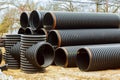 Under construction of housing of stacked plastic pipes on building Royalty Free Stock Photo