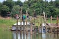 Under construction old wooden bridge Mon in Sangkhla Buri Royalty Free Stock Photo