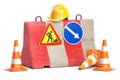 Under construction. Road barrier with trafic signs, cones and hard hat Royalty Free Stock Photo