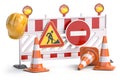 Under construction. Road barrier with trafic signs, cones and hard hat