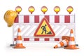 Under construction. Road barrier with trafic signs, cones and hard hat