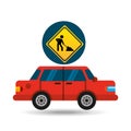 Under construction road sign sedan red Royalty Free Stock Photo