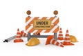 Under construction sign with barrier and cones Royalty Free Stock Photo