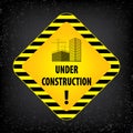 Under construction sign on black ground background. Vector illustration for website. Under construction rhombus with black and yel