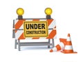 Under construction sign board and traffic cones, 3d rendering Royalty Free Stock Photo