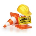 Under construction sign board, traffic cones and hard hat, 3d rendering Royalty Free Stock Photo