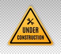 Under construction sign. Construct under banner. Signage danger. Warning caution. Board attract attention. Hammer, spanner. Yellow