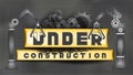 Under Construction sign decorated by black gears and cogs and black cranes