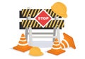 Under Construction With Symbol Worker Hold Stop or Road Sign, Tape Warning, Cone, Site Barrier. Background Vector Flat Cartoon Royalty Free Stock Photo