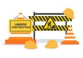 Under Construction With Symbol Worker Hold Stop or Road Sign, Tape Warning, Cone, Site Barrier. Background Vector Flat Cartoon Royalty Free Stock Photo