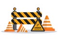 Under Construction With Symbol Worker Hold Stop or Road Sign, Tape Warning, Cone, Site Barrier. Background Vector Flat Cartoon Royalty Free Stock Photo