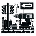 Under construction transit signal. Drill machine silhouette. Generative ai for illustrations Royalty Free Stock Photo