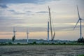under construction Wind tower turbine power plant at sunset Royalty Free Stock Photo