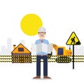 Under construction worker engineer, vector illustration. Conducting construction under guidance man in helmet. Object at Royalty Free Stock Photo