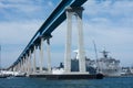 Under the Coronado Bay Bridge and navy ships Royalty Free Stock Photo