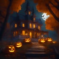 Under the cover of darkness a haunted house looms ominously glows on halloween