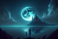 Under the cover of night, a man and his daughter gaze upon enigmatic castles silhouetted against a radiant planet. Fantasy concept