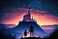 Under the cover of night, a man and his daughter gaze upon enigmatic castles silhouetted against a radiant planet. Fantasy concept