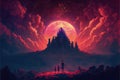 Under the cover of night, a man and his daughter gaze upon enigmatic castles silhouetted against a radiant planet. Fantasy concept Royalty Free Stock Photo