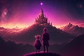 Under the cover of night, a man and his daughter gaze upon enigmatic castles silhouetted against a radiant planet. Fantasy concept Royalty Free Stock Photo