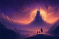 Under the cover of night, a man and his daughter gaze upon enigmatic castles silhouetted against a radiant planet. Fantasy concept Royalty Free Stock Photo