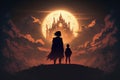 Under the cover of night, a man and his daughter gaze upon enigmatic castles silhouetted against a radiant planet. Fantasy concept