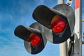 Two Red Warning Lights On A Railroad Train Level Crossing - Close Up