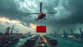 Helicopter AirLifts Container Over Busy Shipping Port Royalty Free Stock Photo