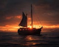 Under a dramatic sunset, a sailing ship crosses the open ocean. Royalty Free Stock Photo