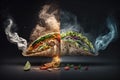 Under Dreamcore Spell Rolls Out Full Shot Tacos Black Background Alchemy Fumes. Generative AI