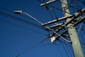 Under electric pole with clear blue sky at Oamaru, New Zealand Royalty Free Stock Photo