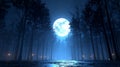 Under the full moon's glow, the night forest's winding path is duplicated in the water Royalty Free Stock Photo