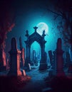 Moonlit silence: an abandoned graveyard under the full moons glow. Generative AI