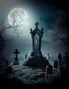 Moonlit silence: an abandoned graveyard under the full moons glow. Generative AI