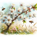 Watercolor, spring is coming, spring is on its way, flowers in the cherry orchard are pollinated by a bee.