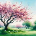 Watercolor, spring is coming, spring is on its way, flowers in the cherry orchard are pollinated by a bee.