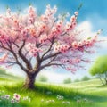 Watercolor, spring is coming, spring is on its way, flowers in the cherry orchard are pollinated by a bee.