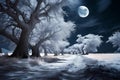 Ghostly snowy trees in moonlight