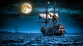 Under the light of a full moon, a pirate ship sails across the darkening waters at dusk Royalty Free Stock Photo
