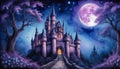 Under the macabre light of the purple full moon, a sinister castle stands imposingly in the barren and desolate landscape.