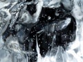Under macro closeup, the ice reveals abstract patterns and textures against a cold background. Ice Cracked crystal formations, Royalty Free Stock Photo