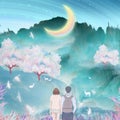 Under the moon river, couples kiss and hug together outdoor climbing, cranes in the cherry trees flying illustration packaging