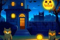An abandoned castle, night. A Halloween pumpkin lamp with carved eyes, nose and mouth glows in the courtyard, and black cats